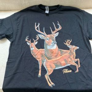 Men’s or women’s medium cotton T with deer motif on solid black background. New.